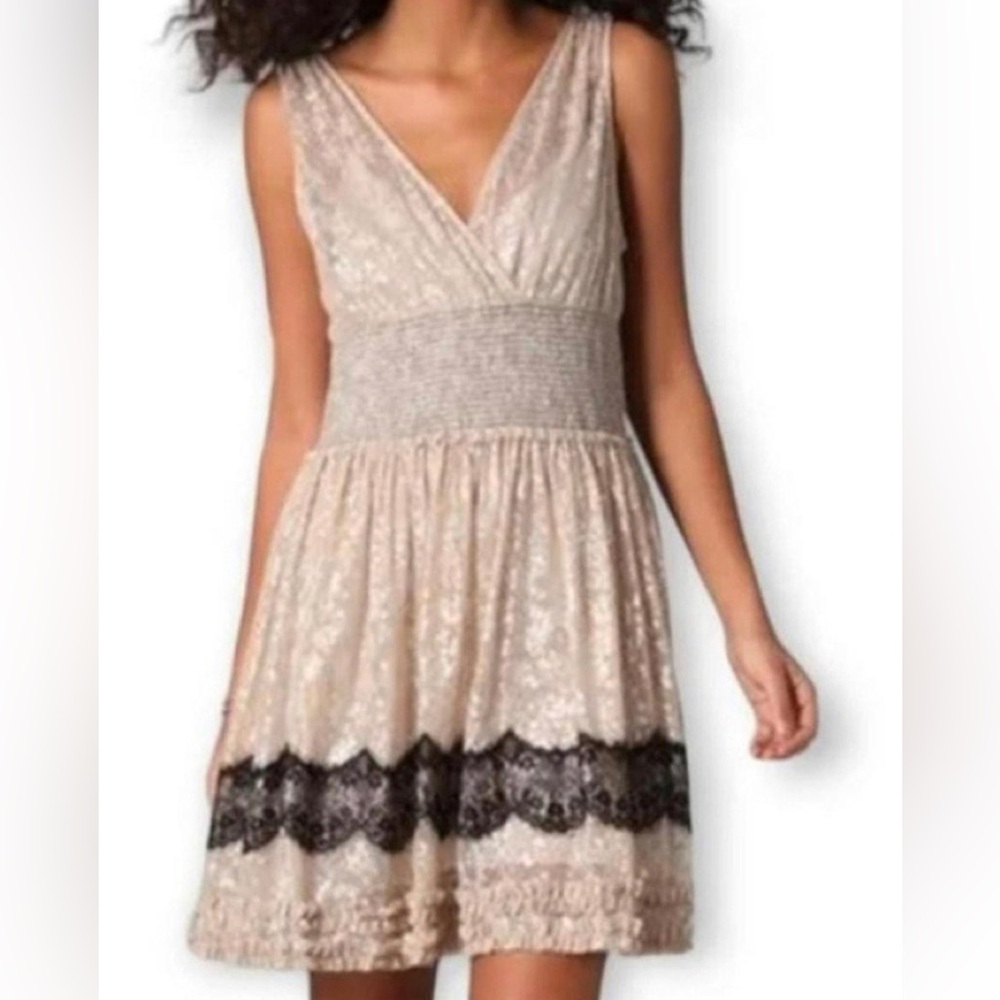 Vintage style free people fit & flare lace smocking silver/gold over trim lace